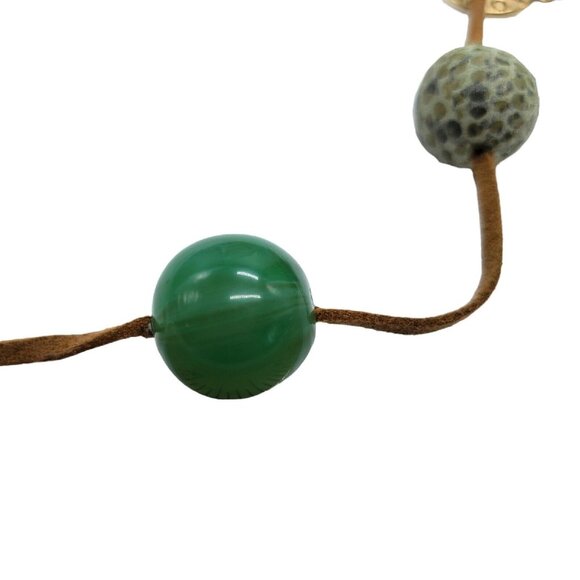 Vintage Signed Monet Set Necklace 38" Earrings 2" Green Bead Gold Tone Suede - Picture 9 of 12